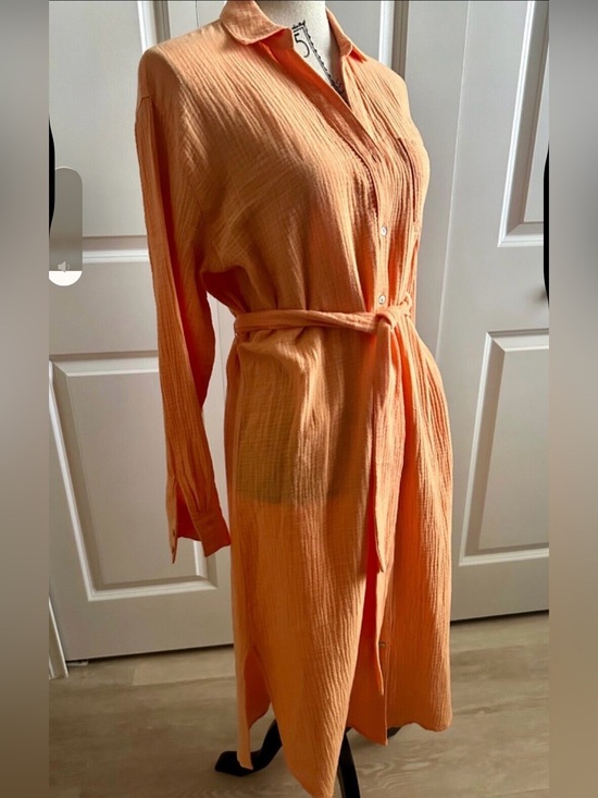 Magaschoni Dresses & Skirts - Magaschoni Orange Textured Long-Sleeve Shirt Dress with Waist Tie organic cotton